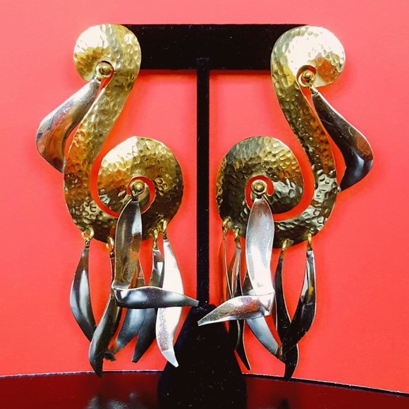 70s-80s Abstract Bird Earrings Handmade of Brass & Nickel Silver - Pierced 4.5"L - Picture 5 of 6